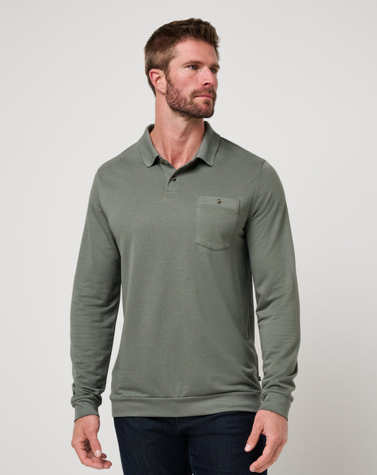 December First Long Sleeve Polo Dark Olive | Travis Mathew