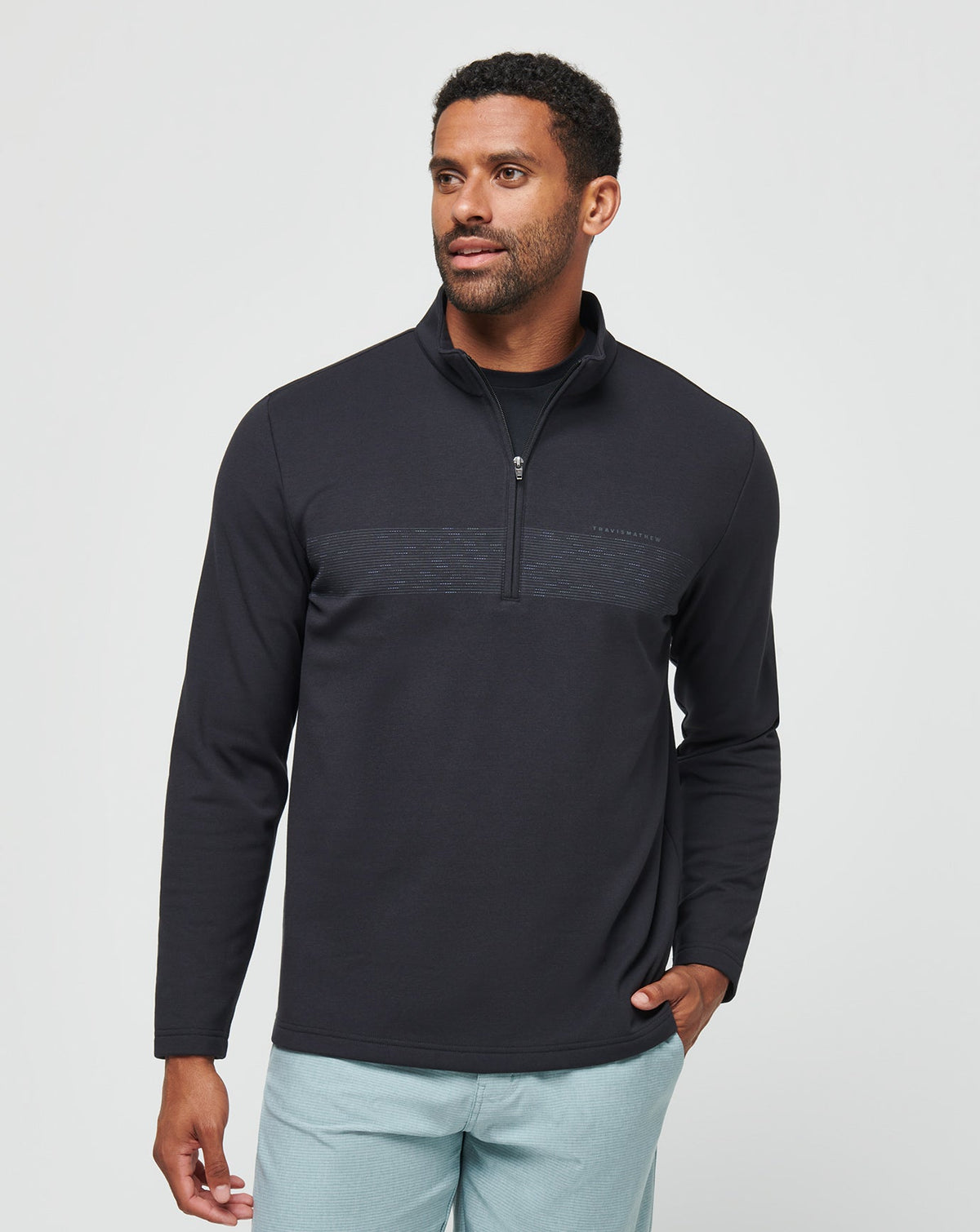 Upgraded Fleece Chest Stripe Quarter Zip Black/Coronet | Travis Mathew