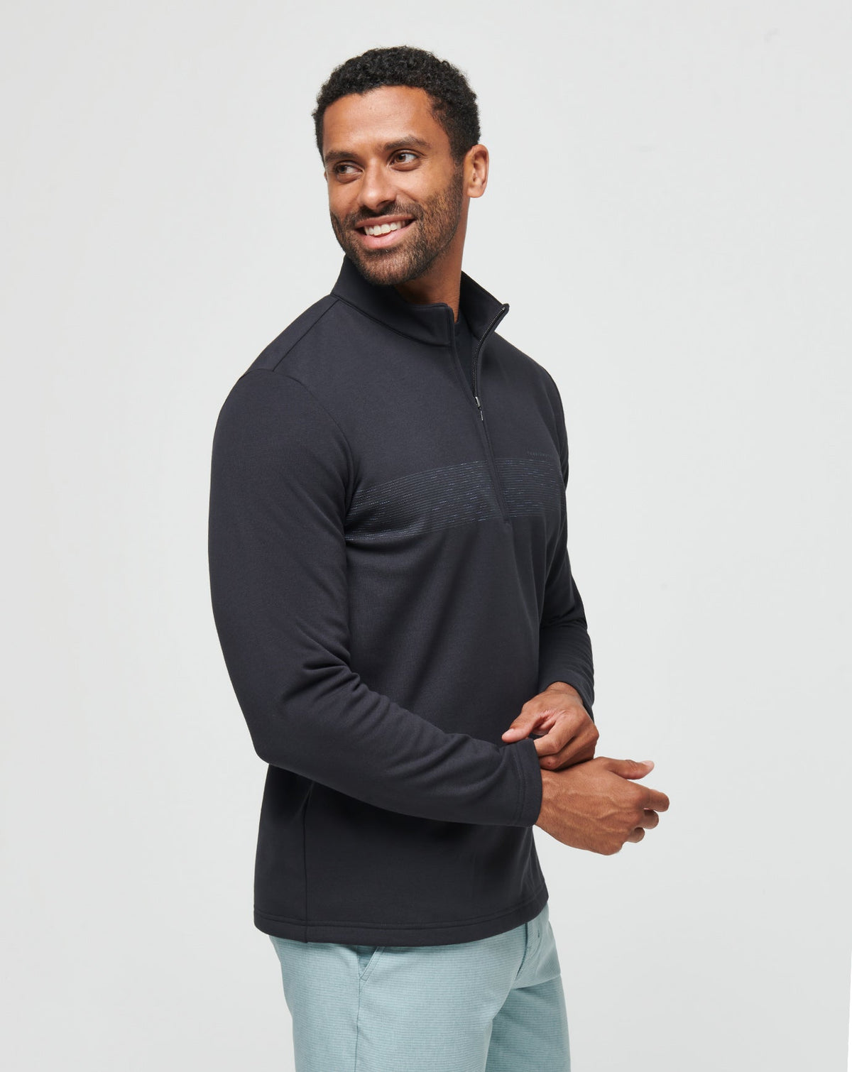 Upgraded Fleece Chest Stripe Quarter Zip Black/Coronet | Travis Mathew