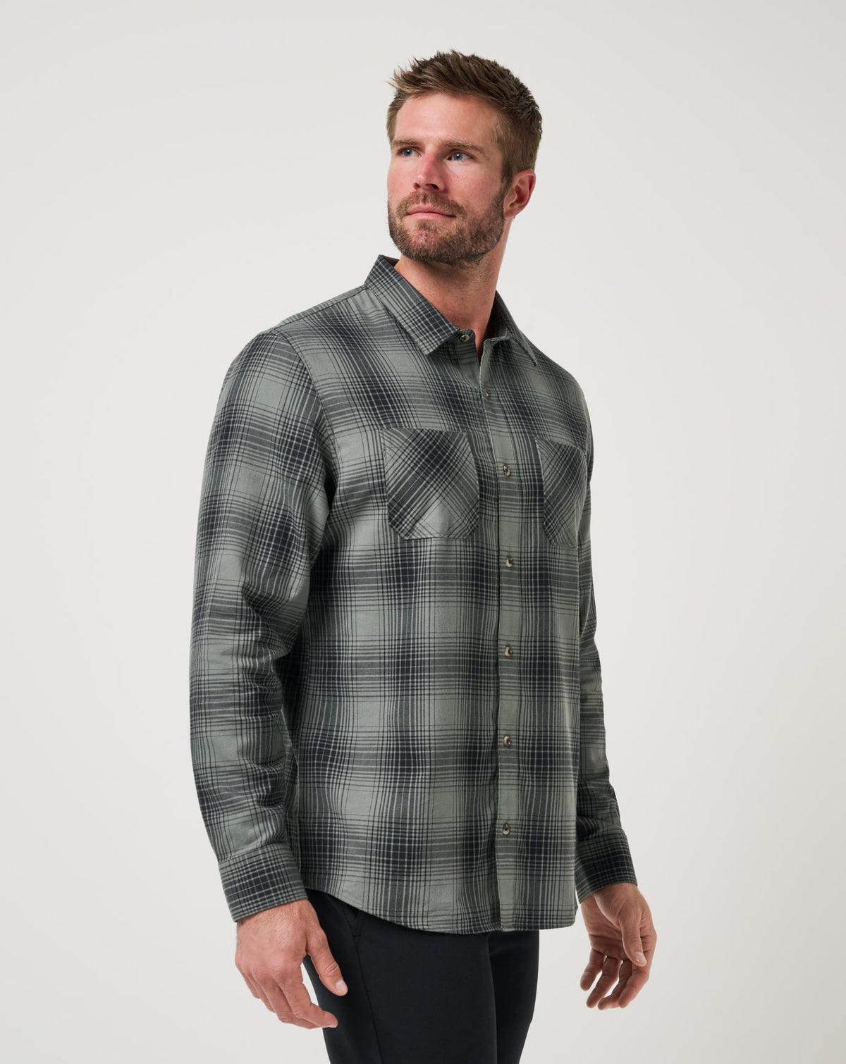 Cloud Flannel Plaid Button-Up Dark Olive | Travis Mathew