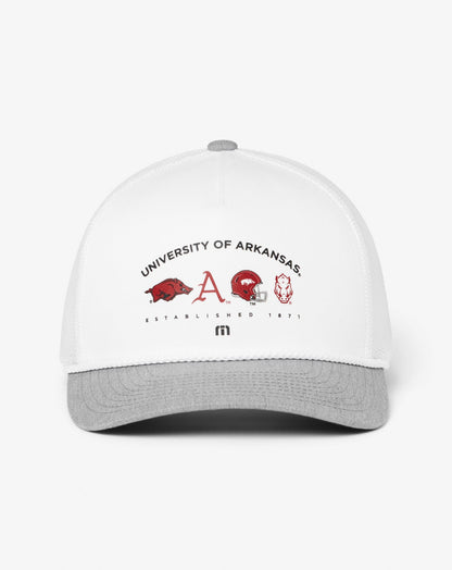 Arkansas Defensive Line Snapback Hat White | Travis Mathew