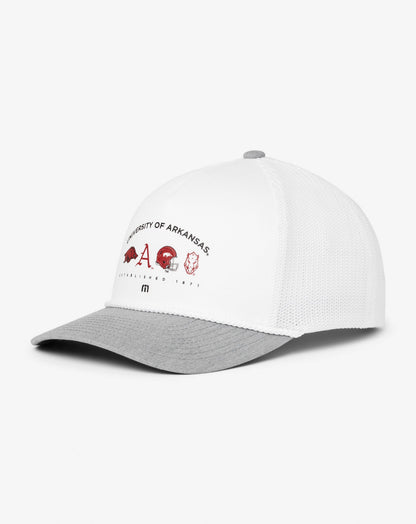 Arkansas Defensive Line Snapback Hat White | Travis Mathew