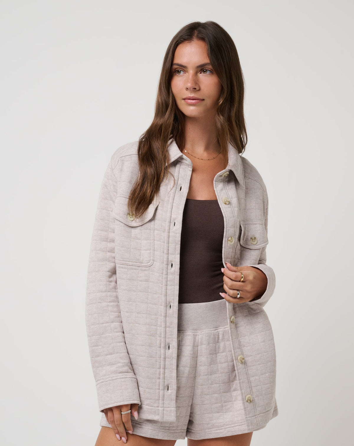 Cloud Coastal Quilted Shacket Heather Savannah Tan | Travis Mathew