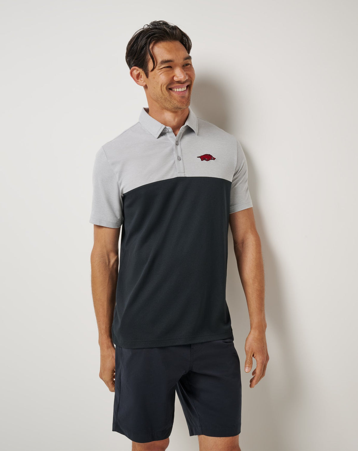 Arkansas Drop Back Polo Heather Grey/Black | Travis Mathew
