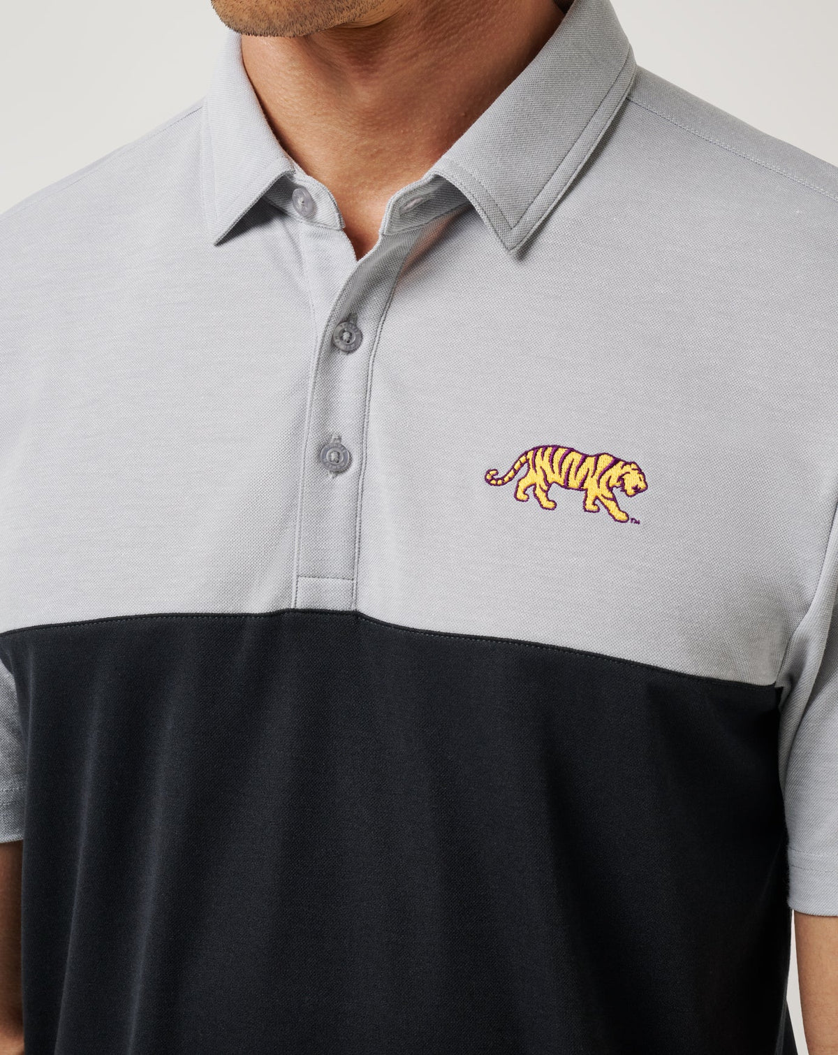 LSU Drop Back Polo Heather Grey/Black | Travis Mathew