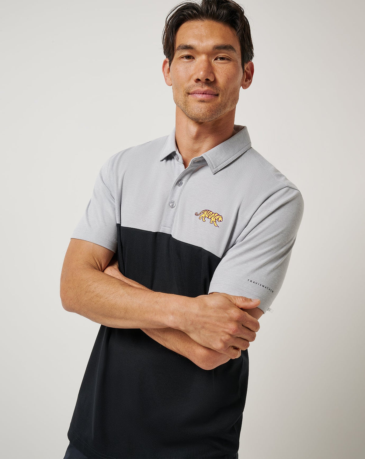 LSU Drop Back Polo Heather Grey/Black | Travis Mathew