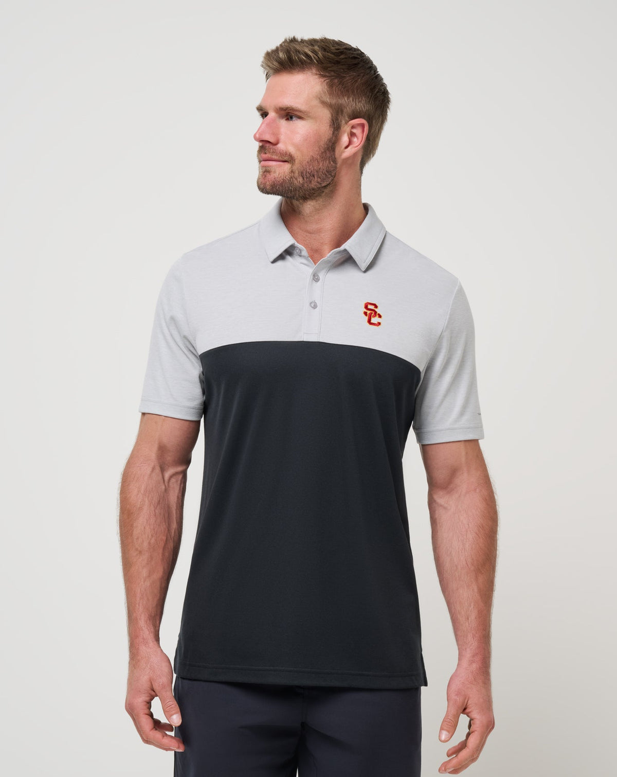 USC Drop Back Polo Heather Grey/Black | Travis Mathew