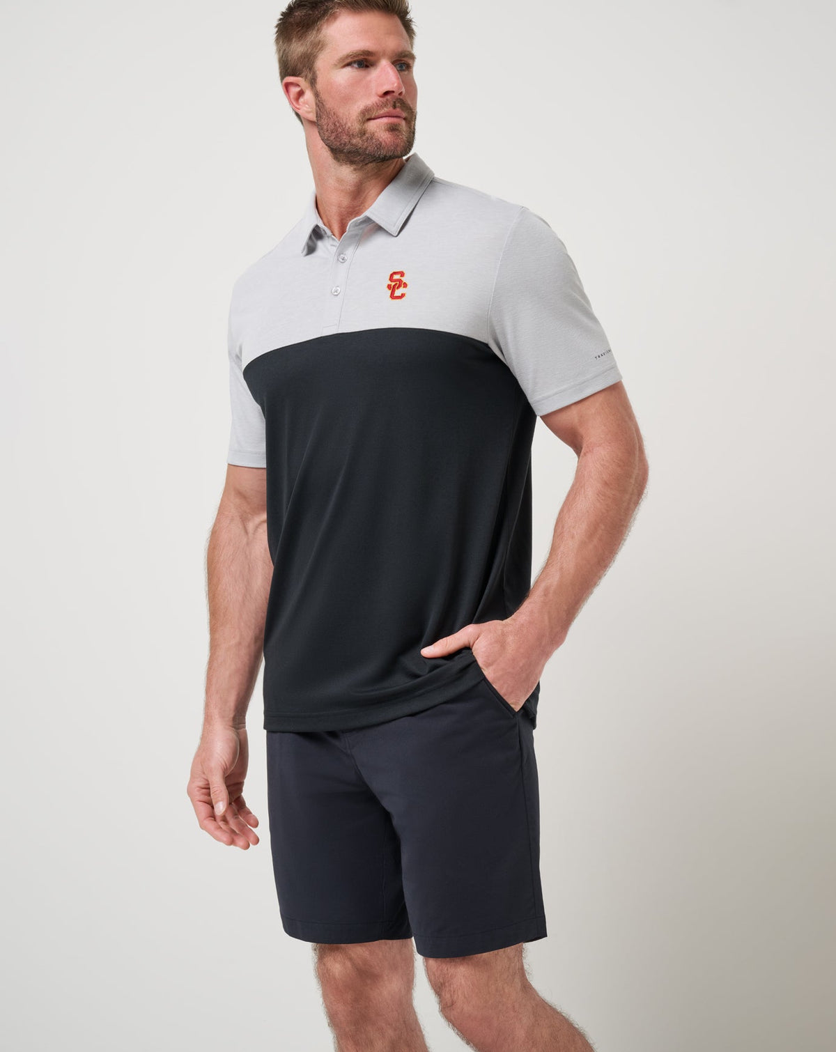USC Drop Back Polo Heather Grey/Black | Travis Mathew