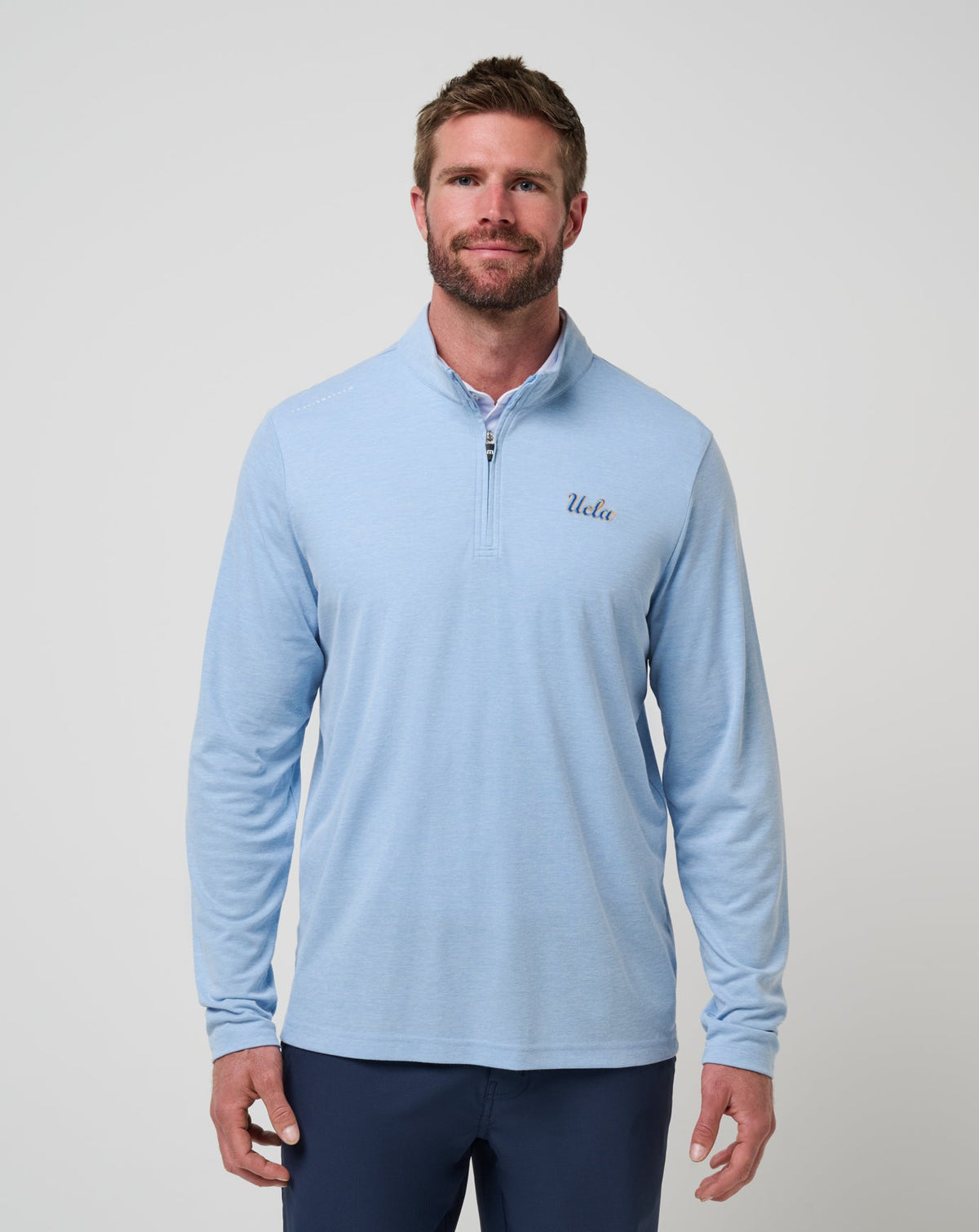 UCLA Time To Tailgate Quarter Zip Heather Blue | Travis Mathew