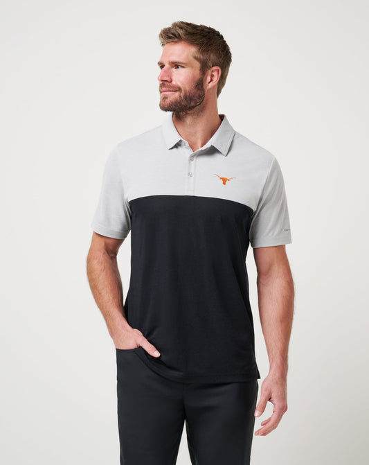 UT Austin Drop Back Polo Heather Grey/Black | Travis Mathew